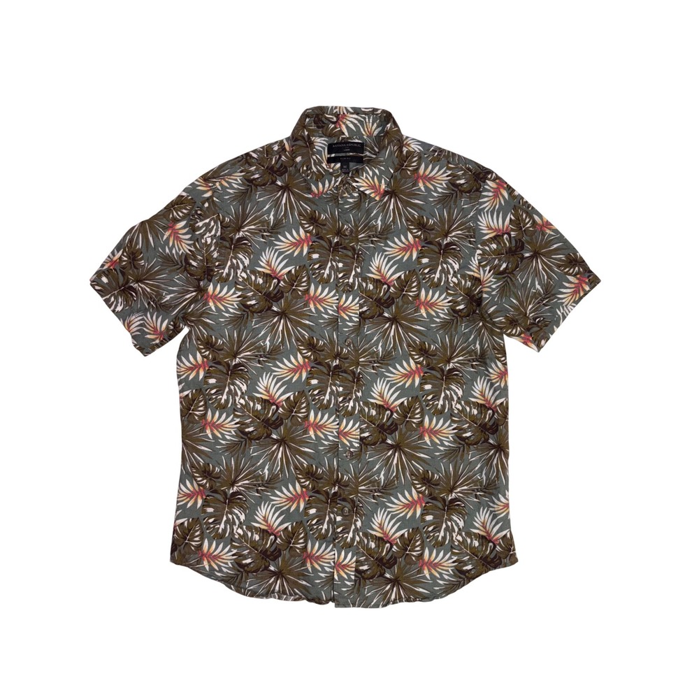 BANANA REPUBLIC Linen Shirt Mens M Green Tropical Camp Floral Slim Short‎ Sleeve